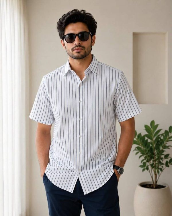White Navy Pinstripe Half Sleeve Shirt